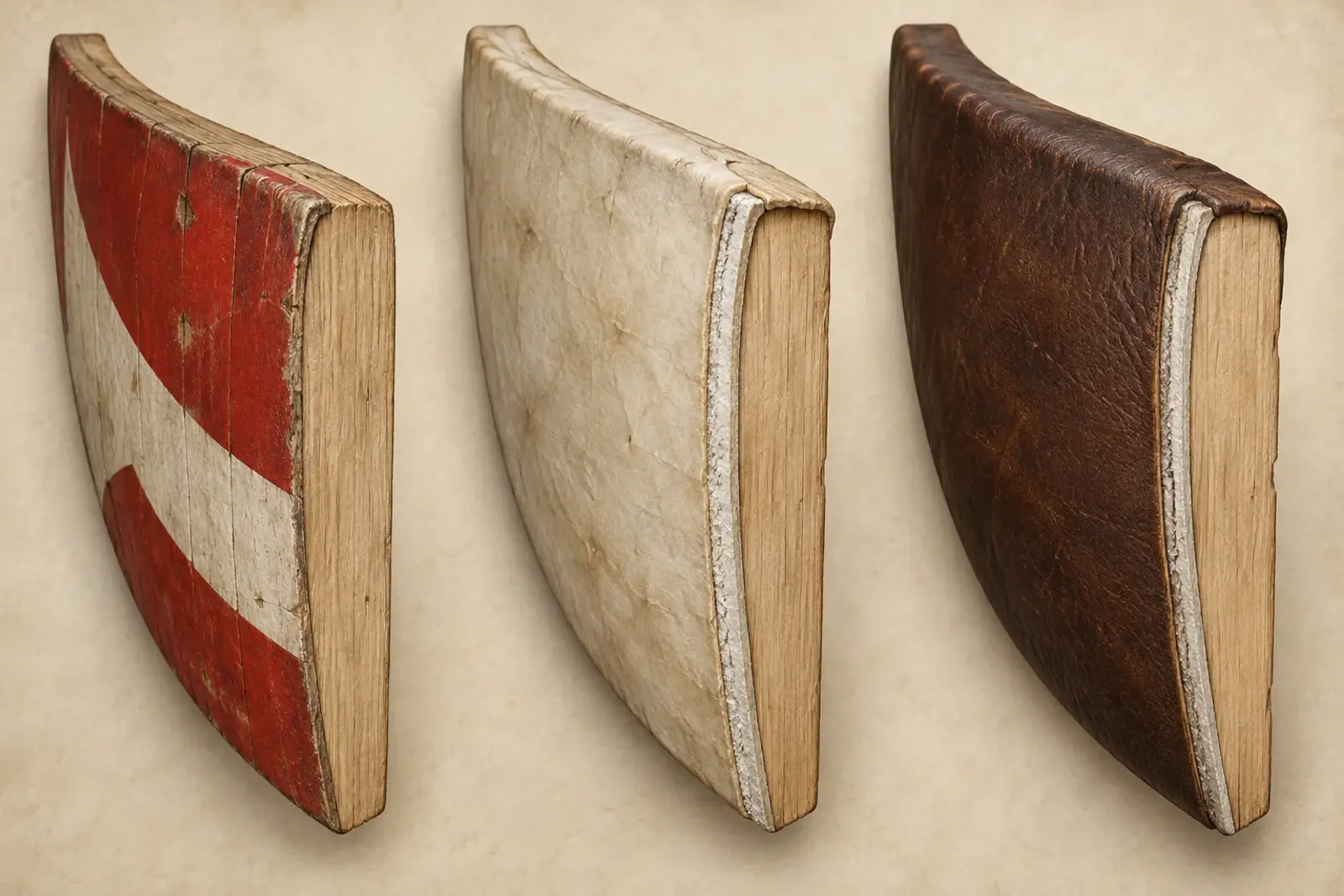 Explanatory comparison of medieval shield edge samples showing painted wood, parchment or rawhide over wood, and leather over wood.